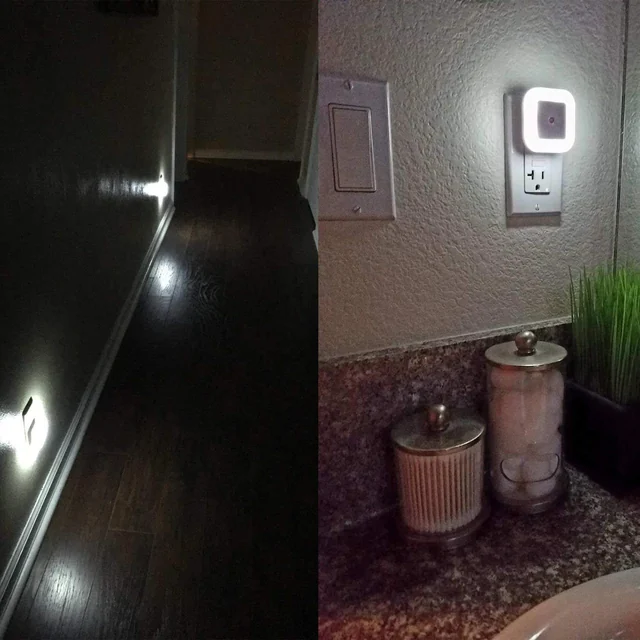 Square night lights in a hallway and beside a counter