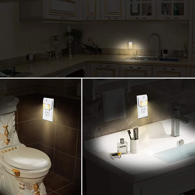 Warm white night lights in kitchen and bathroom settings